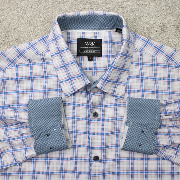 WRK Flip Cuff Dress Shirt Men 18 Gray/Blue 4-Way Stretch Polyester Stretch L/S - Picture 1 of 15
